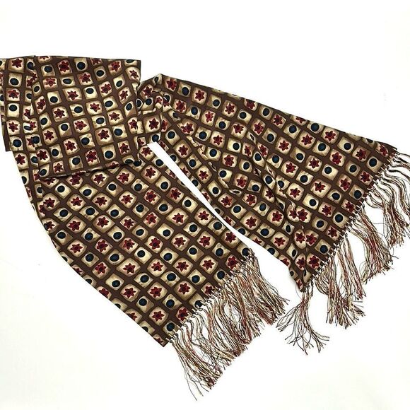 Men’s Silk Dress Scarf with Fringes Brown Beige Blue Red - Picture 2 of 6